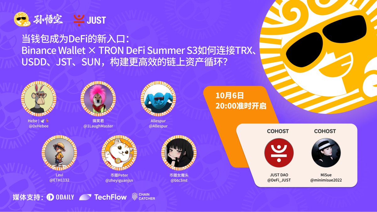 SUNWUKONG_ZH's tweet photo. 当钱包成为 DeFi 的新入口：Binance Wallet × TRON DeFi Summer S3 如何连接 TRX、USDD、JST、SUN，构建更高效的链上资产循环？🔁

DeFi 基础设施不断成熟，钱包的角色也正在发生变化。从资产存储、转账和链上身份入口，到直接连接交易、借贷与收益管理，越来越多的金融交互正在向钱包端聚合。

当钱包进一步连接 DeFi 协议，变化的不只是交互路径。钱包正在成为用户触达协议与链上资产的重要入口，而借贷、交易与流动性等不同 DeFi 场景，则共同构成了资产流转的链上网络。如何让资金在这些场景之间更高效地配置与流动，正在成为 DeFi 资本效率的重要命题。

TRON DeFi Summer S3 通过 Binance Wallet DeFi 接入 JustLend DAO，将 TRX、USDD、JST、SUN 四大核心资产池连接到这一链路中。当钱包将用户带到更靠近 DeFi 协议的位置，这些资产又能否进一步进入更丰富的链上应用场景，形成更高效的资金流转？

明晚，孙悟空联合 @DeFi_JUST、@minimisue2022 及多位资深 KOL 与研选嘉宾，从钱包入口、协议连接到资产流转，展开硬核探讨。

🗓 时间：10 月 6 日 20:00（UTC+8）
📍 链接：https://t.co/NcqQZU4a8N

🎙 联合主持：@DeFi_JUST, @minimisue2022
🗣 特邀嘉宾：@0xHebee, @1LaughMaster, @Allespur, @ETH1132, @zheyiguanjsn, @btc3mt

点击下方按钮预约 Space，并在评论区聊聊：当 DeFi 入口向钱包靠近，如何让不同资产在链上更高效地流转？🔥