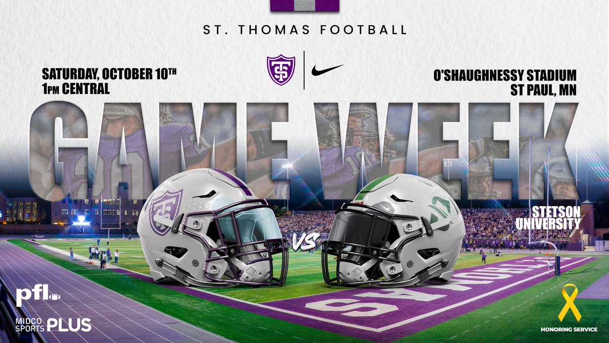 UST_Football's tweet photo. 🔔 Gameweek @UofStThomasMN
📆 Saturday Oct. 10, 1pm
🚨 #FamilyWeekend
🏈 @StetsonHatters
🏟️ St. Paul, MN
#Passion27 • @WeAreMFCA 🟣⚪️⚫️ https://t.co/bv1Zeyggx3