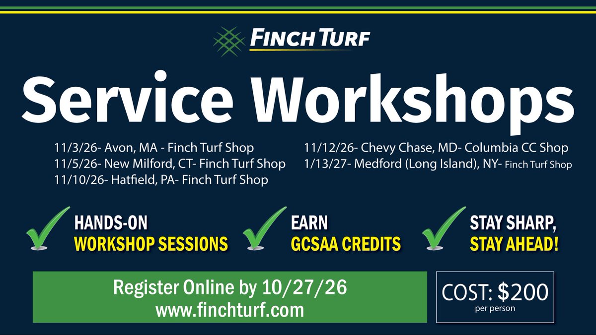 FinchTurf's tweet photo. 🗣️Calling all Golf &amp; Sports Turf Technicians &amp; Equipment Managers! 

🛠️Sign ups are OPEN for our Winter Service Workshops! Take advantage of this opportunity to stay sharp and stay ahead!
 
✅Secure your spot here ➡️ https://t.co/GPIsP5niF2

🚜We look forward to seeing you! https://t.co/Qnn8JuPIDK