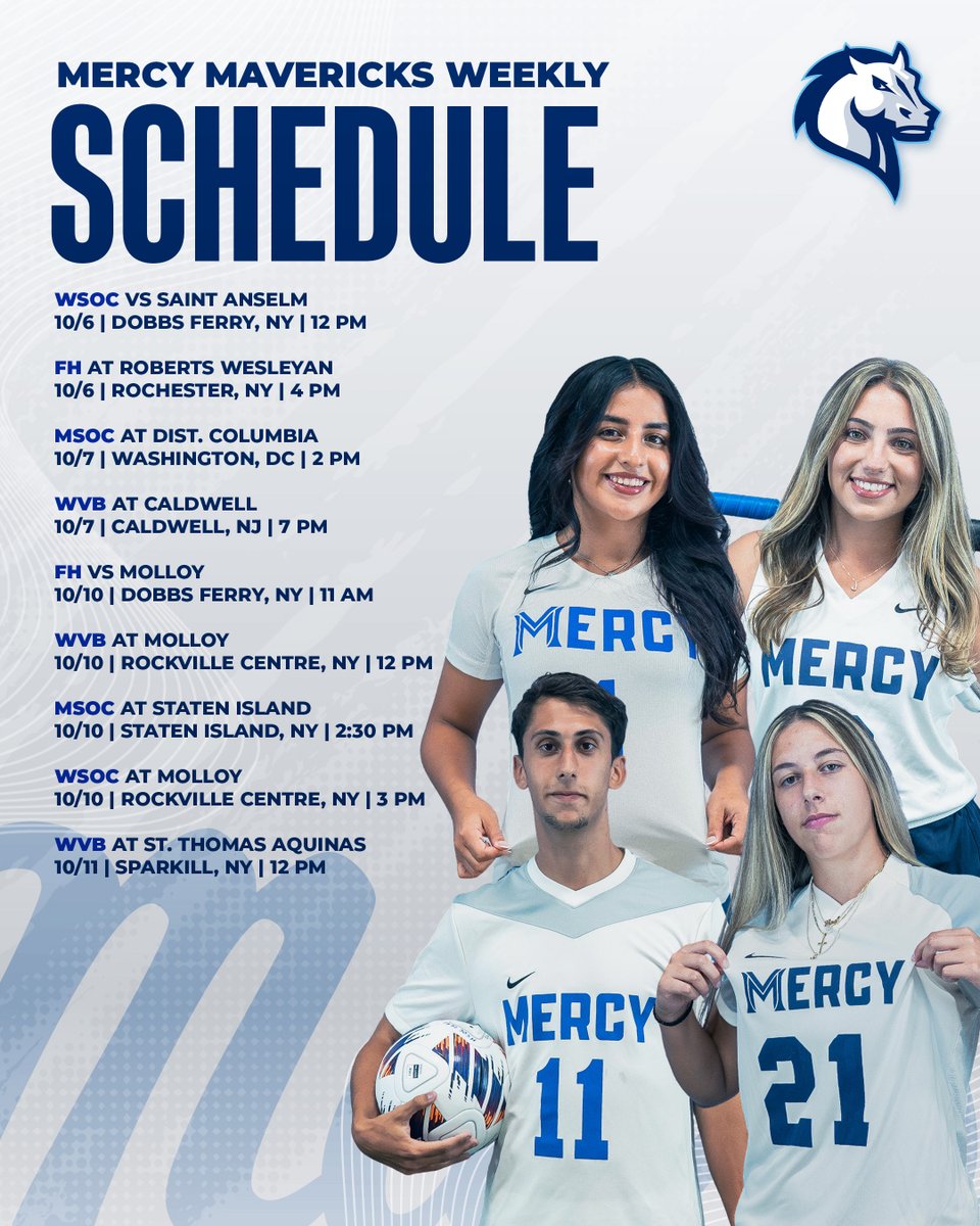 MercyMavericks's tweet photo. ๐
Check out this weekโs schedule!
โฝ WSOC hosts Saint Anselm Tuesday & travels to Molloy Saturday.
๐ FH plays at Roberts Wesleyan Tuesday & hosts Molloy Saturday.
๐ WVB travels to Caldwell & Molloy.
โฝ MSOC plays at District of Columbia & Staten Island.
#RollMavs https://t.co/by0EnPz3nn