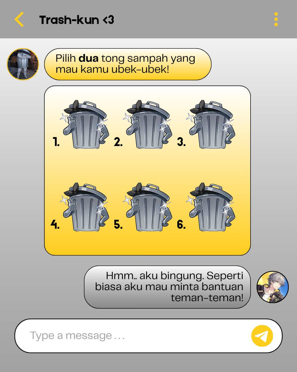 KerjoKeleus's tweet photo. RONDE 5

Ssttt diam baby jangan rewel. Sekarang kita lanjut ke ronde 5. Ada 6 tong sampah lagi artinya berapa tong sampah yang harus dipilih? Iya? Siapa itu yang bilang 2? Pinteernyaaaa. Yuk pilih 2 tong sampah sampai jam 20:37. https://t.co/WaPjz7xLT5