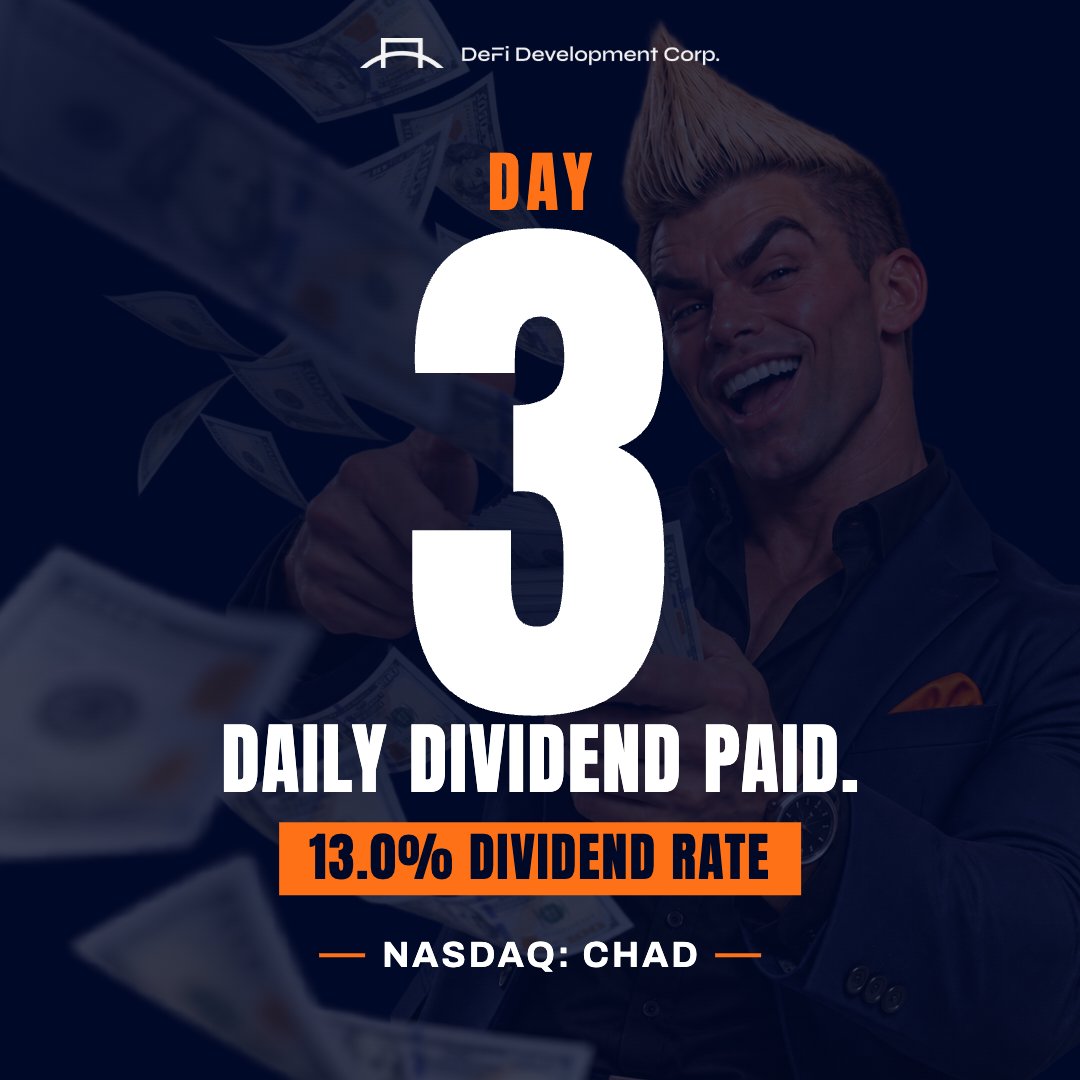 defidevcorp's tweet photo. Today, we paid a daily cash dividend of $0.00516 per share, our 3rd consecutive business day of dividend payments. $DFDV’s balance sheet currently represents approximately 168 years of $CHAD dividend coverage at the current annual dividend rate.

With $CHAD, payday is every day. https://t.co/Hl41xBGC6y