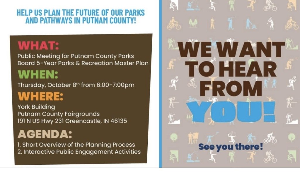 SouthPutnamCSC's tweet photo. The Putnam Co. Parks Board is developing its 5-Year  Master Plan and is seeking input from the community. Take a few minutes to complete the survey about the future of parks and pathways in Putnam Co.!

https://t.co/Os4SdCkE6L https://t.co/IedntAqE2H