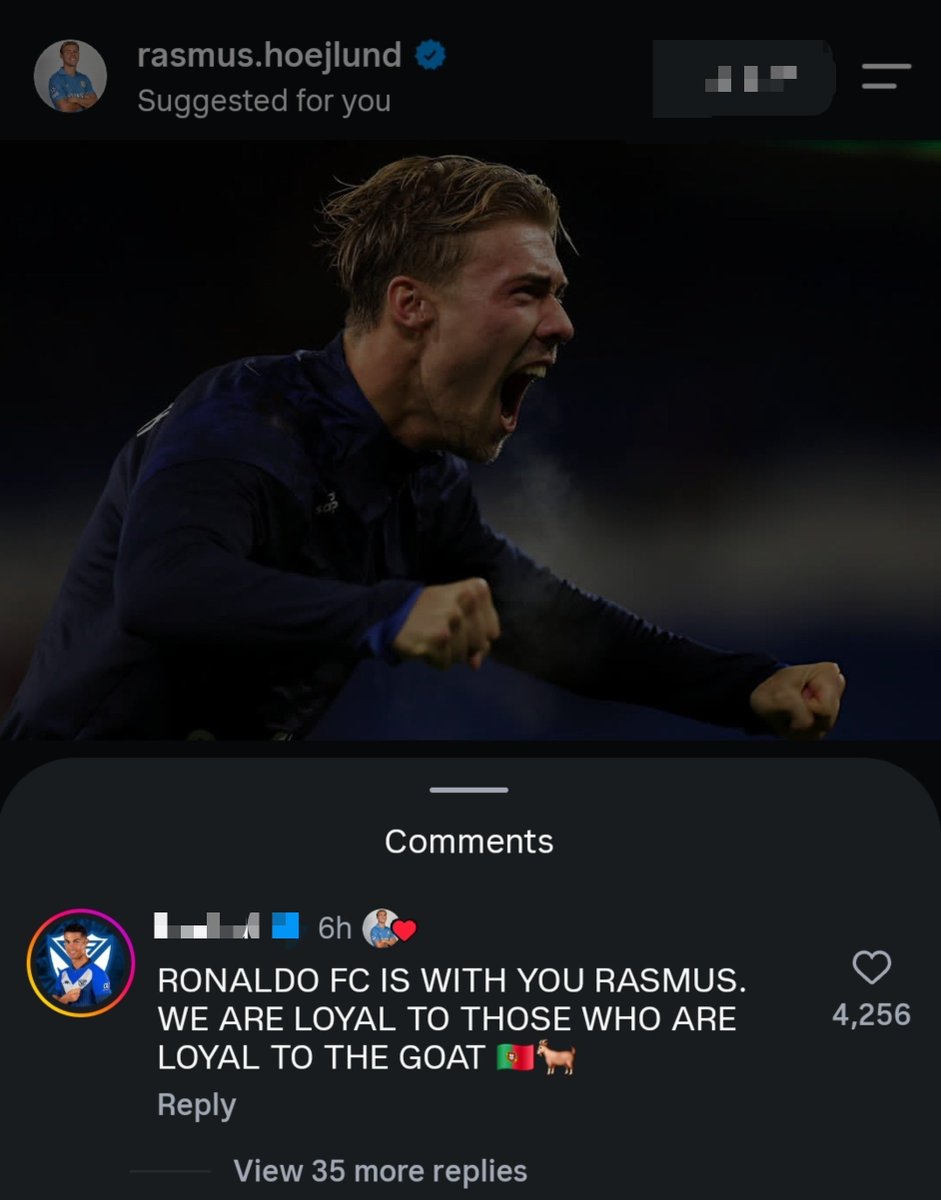 AlNassrTribune's tweet photo. 📲 Rasmus Høljund likes a fan's comment on his recent IG post:

"RONALDO FC IS WITH YOU RASMUS. WE ARE LOYAL TO THOSE WHO ARE LOYAL TO THE GOAT🇵🇹🐐" https://t.co/CsGp2b05FF