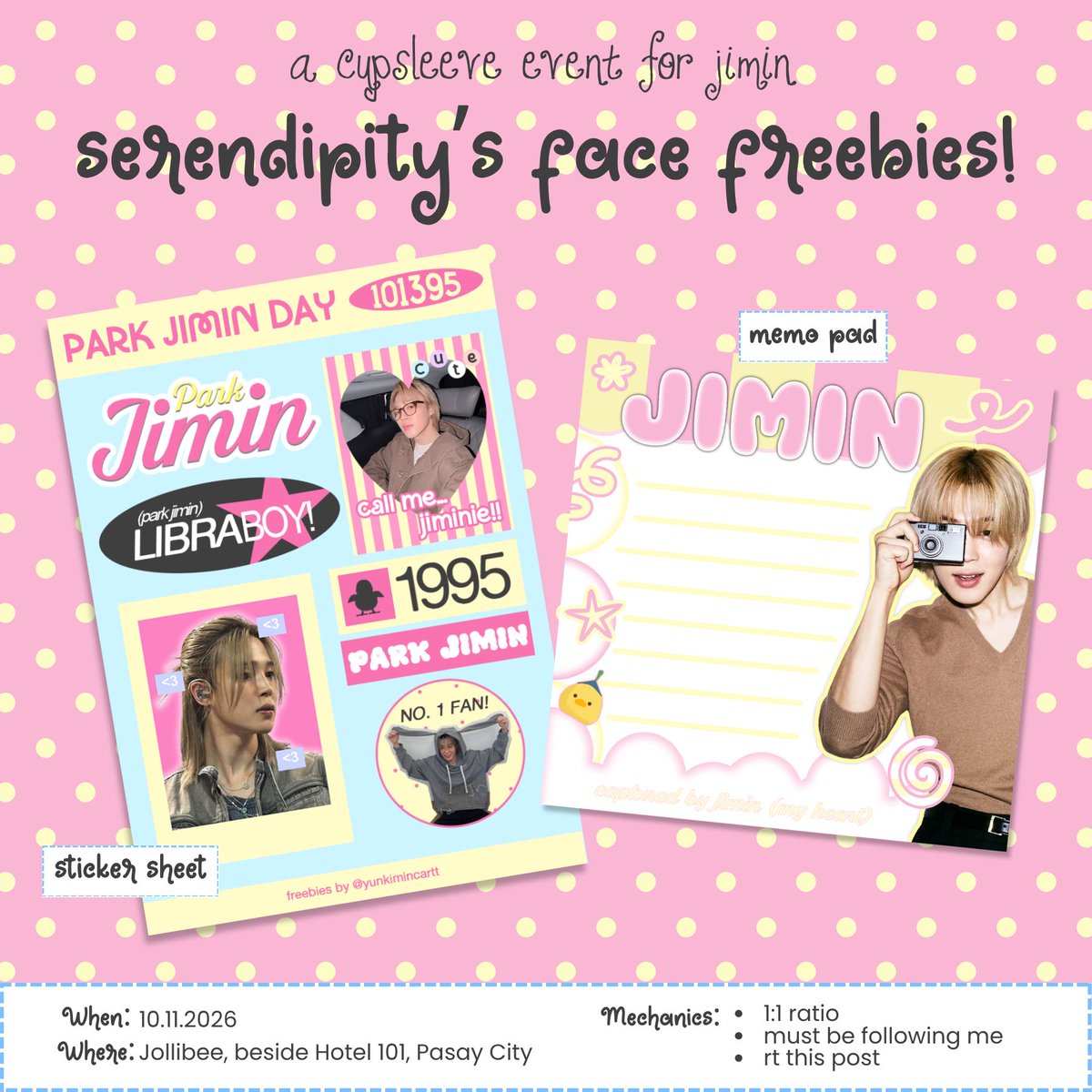yunkimincartt's tweet photo. a little piece of Jimin, a little piece of love. ♡ 

sharing these freebies with you, hoping they make your day as happy as Jimin makes ours. 🌸 see you on sunday!

• sticker sheet x memo pads
• limited qty
• 1:1 ratio
• mbf, like & rt this post

fan support by: yunkimincartt 🩷💛
design by: @gguphics_