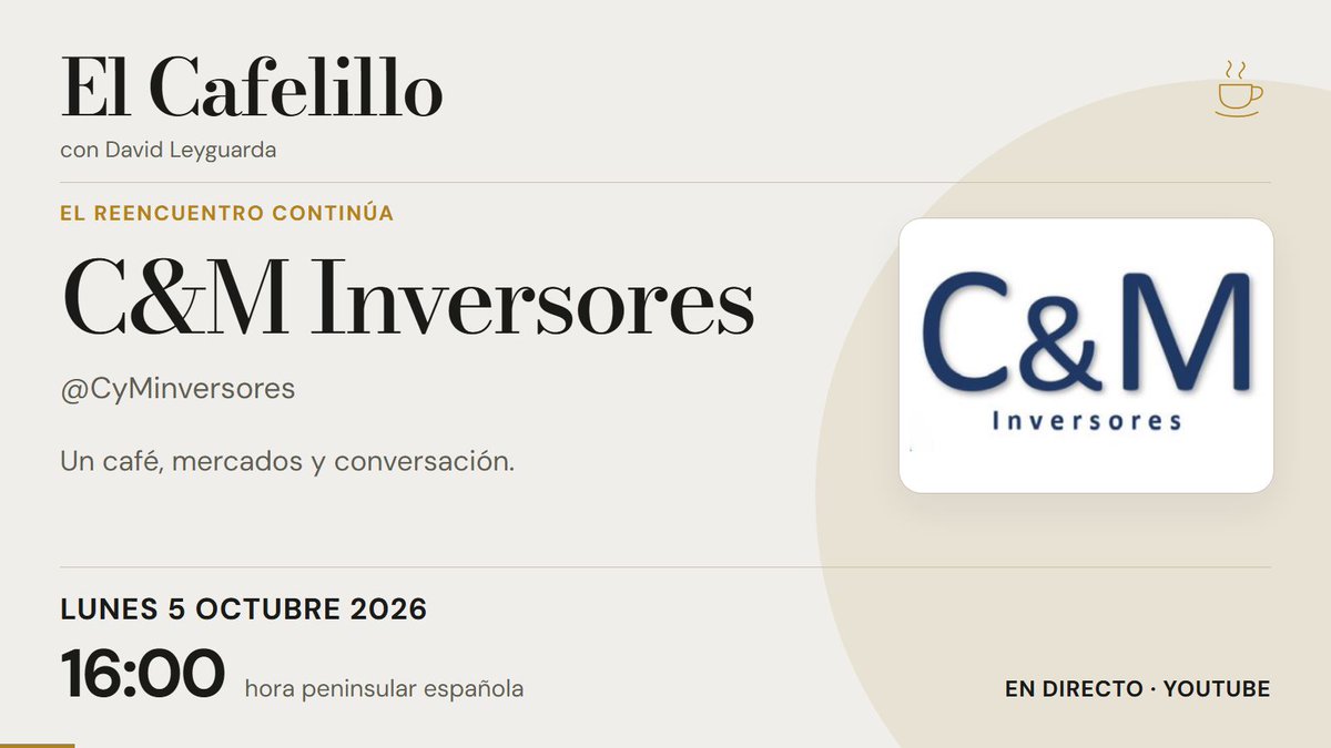 DLeyguarda's tweet photo. Hoy toca El Cafelillo con @CyMinversores.

Arrancamos en media hora, a las 16:00 peninsulares. Si os apetece un café y un rato de charla, nos vemos en el directo.

https://t.co/QFj7pbE7Fr https://t.co/dSEdCWvcK2