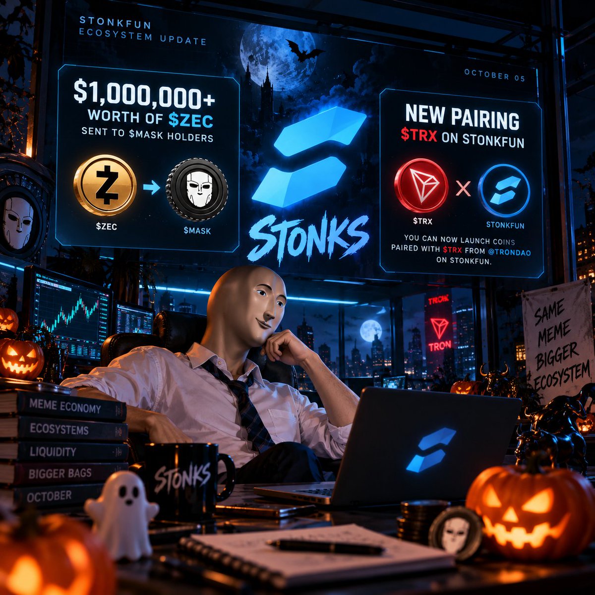 Stonkt0ber's tweet photo. A lot is happening around Stonks right now.
Over $1M worth of $ZEC has now been distributed to $MASK holders.
And StonkFun just expanded again:
We're all Tronix now.
Coins can now launch paired with $TRX from @trondao on StonkFun.
That's two pretty interesting developments in less than a day.
The ecosystem keeps getting bigger, the pairings keep expanding, and the whole thing is starting to look a lot different from where it was a few weeks ago.
And we're only on October 5th.
Something tells me this month isn't done yet. 
Stick around, and see why this month really is $STONKTOBER