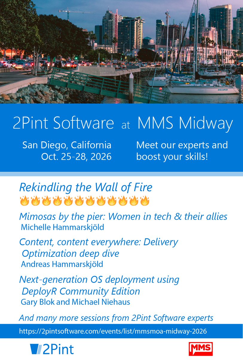 2pintsoftware's tweet photo. The countdown to #MMSMidway is on! 🔥

Meet the 2Pint team, attend our sessions, and see the Wall of Fire live with @PatchMyPC .

🌴 See you there!

Register here: https://t.co/Vwn67wYQ87

#MMS2026 #EndpointManagement #2PintSoftware https://t.co/qu6O97pD5o