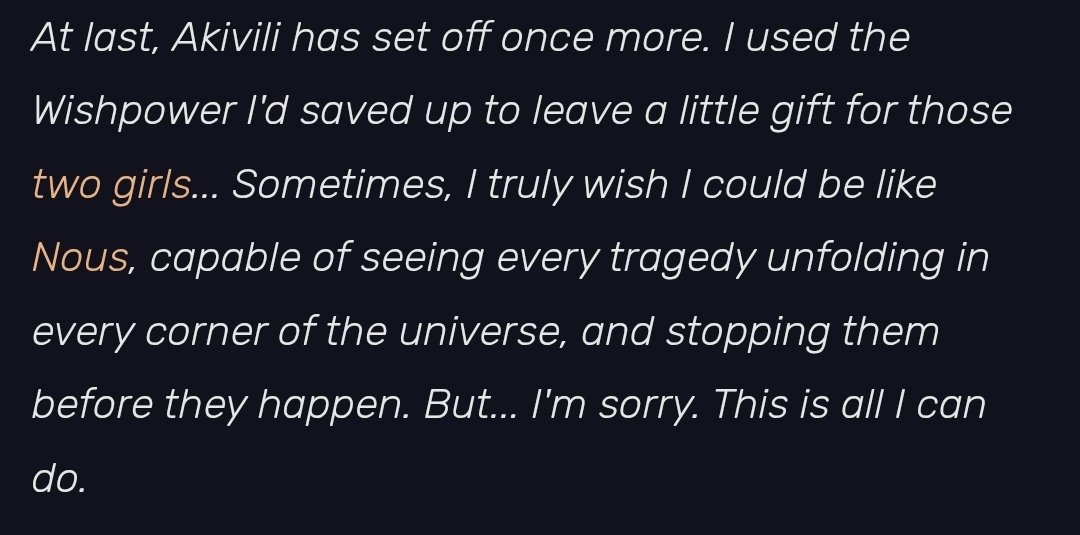 elatingly's tweet photo. nihilux’s main struggle comes from her feeling powerless even as an aeon. she can’t interfere with mortal troubles unless she weakens herself. she hates that she’s powerful but not in the way that can help others in anyway. this readable is a proof that she agonized for ages- https://t.co/STbQnn6aRA