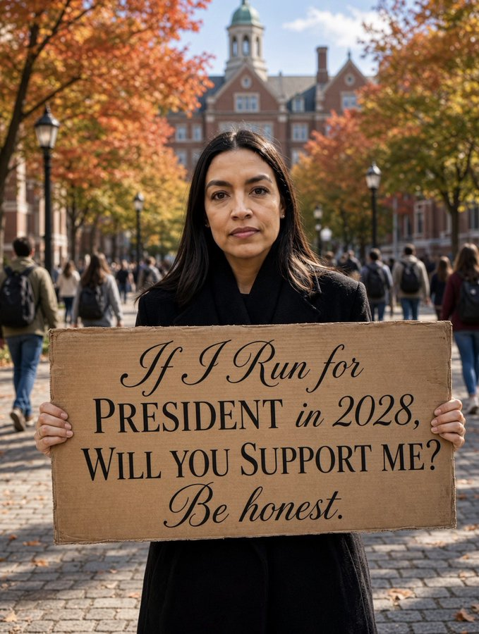 Taryn018Kis_'s tweet photo. She is already asking campus crowds for a 2028 presidential vote. AOC has not even won a statewide race and the signs are out. Be honest, would you back that run? https://t.co/wkVrQyhBUR