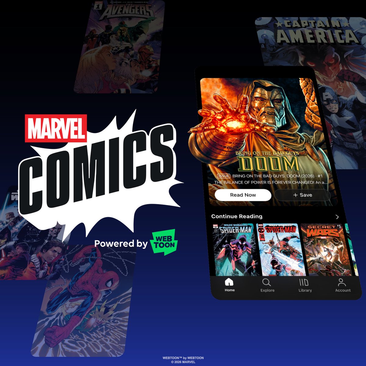 MarvelComicsHQ's tweet photo. Marvel Comics and Webtoon are teaming up to release an all-new Marvel Comics App! Launching November 16, the app will feature more than 35,000 digital comics, personalized discovery tools, Pull List features, and new issues as early as 30 days after print release. Learn more: https://t.co/xAtaBWzNah