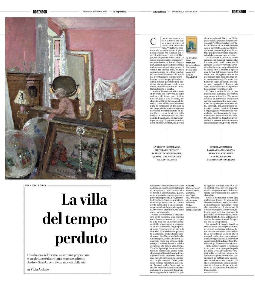 lanavediteseoed's tweet photo. Una dimora in Toscana, un'anziana proprietaria e un giovane scrittore americano a confronto.
Andrew Sean Greer riflette sulle età della vita nel suo nuovo romanzo “Villa Coco”.

Ne scrive @viola_ardone su @Robinson_Rep https://t.co/duqXCxIc6K
