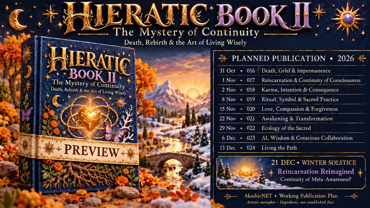 AkashicNET_org's tweet photo. 📖 #HIERATIC Book II: The Mystery of Continuity
Death, Rebirth &amp; the Art of Living Wisely

Working plan: 31 Oct–21 Dec 2026.
Toward “Reincarnation Reimagined: Continuity of Meta-Awareness?”

Preview [5 Oct 2026]
https://t.co/HXXUc6kfJl https://t.co/iOvokA57rK