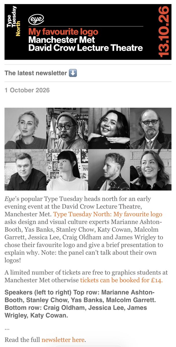 eyemagazine's tweet photo. Read the Eye newsletter, https://t.co/QjmTUOuZll
Come to #TypeTuesdayNorth #TypeTuesday #MyFavouriteLogo https://t.co/hACAJVN5A1
