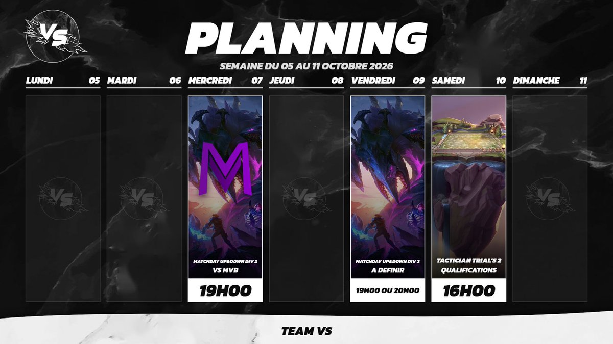 TeamVsEsport's tweet photo. La semaine s'annonce chargée. 👀
UP&amp;DOWN. TFT.

Des objectifs différents, une même ambition. 
Cette semaine, on va tout donner. 🔝

BUILT TO CONFRONT. 🔥

#TeamVS #LoLEsports #TFT #RoadToDiv2 https://t.co/Xbm7V5AAev