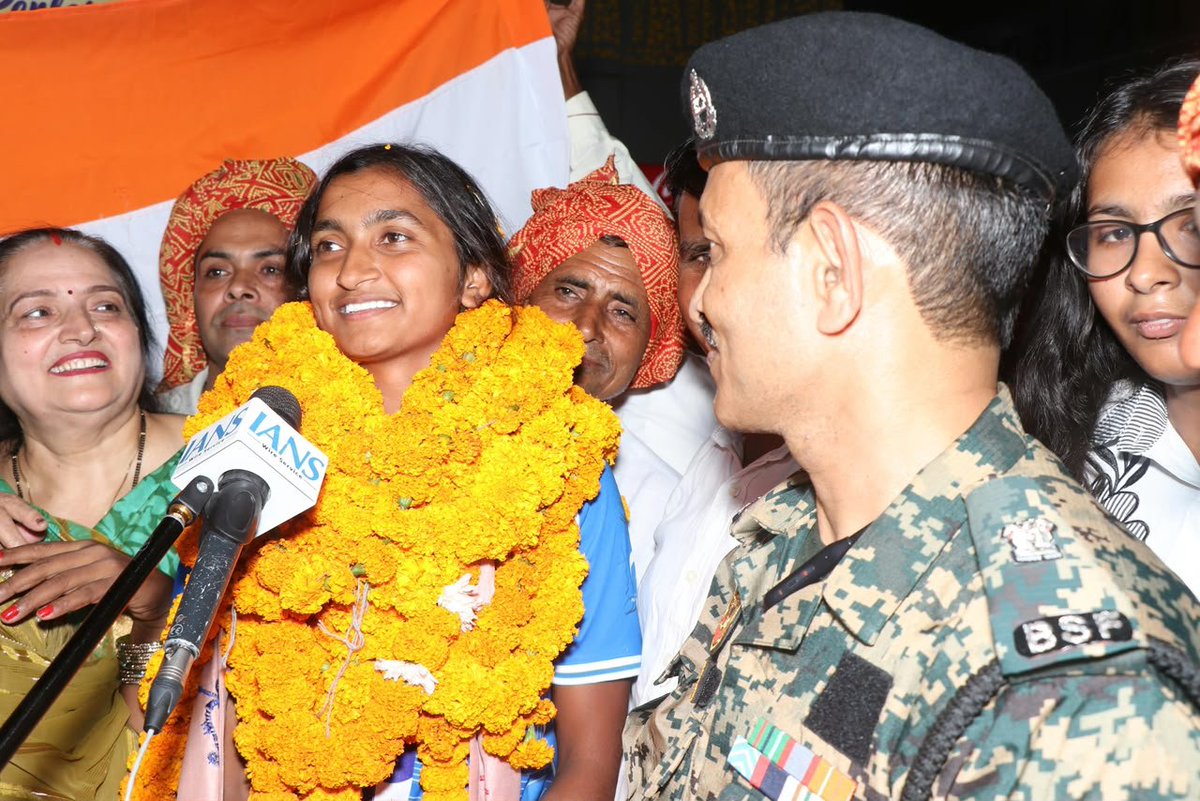 BSF_India's tweet photo. WELCOME CHAMPION

Seema Prahari Kirti Sharma of BSF, a member of the Indian Women's Archery Recurve Team which won gold medal at Asian Games- 2026, first time in the history of Indian Archery, returned to a rousing welcome on 4 Oct 2026 from her family and friends, Prahari pariwar and the Indian sports enthusiasts.

Kirti Sharma has demonstrated how determination, conviction and hard work culminates into crowning glory for the Nation as well as herself.

Her triumph is not merely a medal, but a moment of pride and satisfaction for India and Border Security Force. Her achievement will inspire the whole generation to aim higher, dream bigger, train harder and achieve the impossible.

#JaiHind