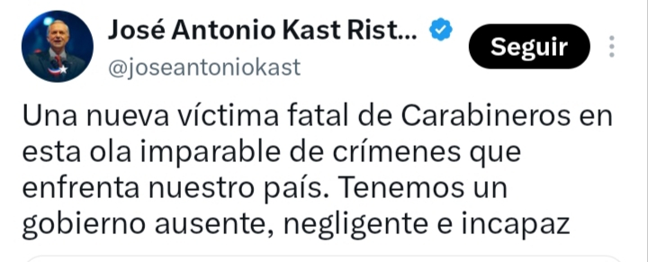 cyber924's tweet photo. No lo digo yo, lo dice uno más imbécil que yo.
@joseantoniokast @PresidenteKast 

"Tenemos un gobierno ausente, negligente e incapaz" https://t.co/uPZa0F6XJx