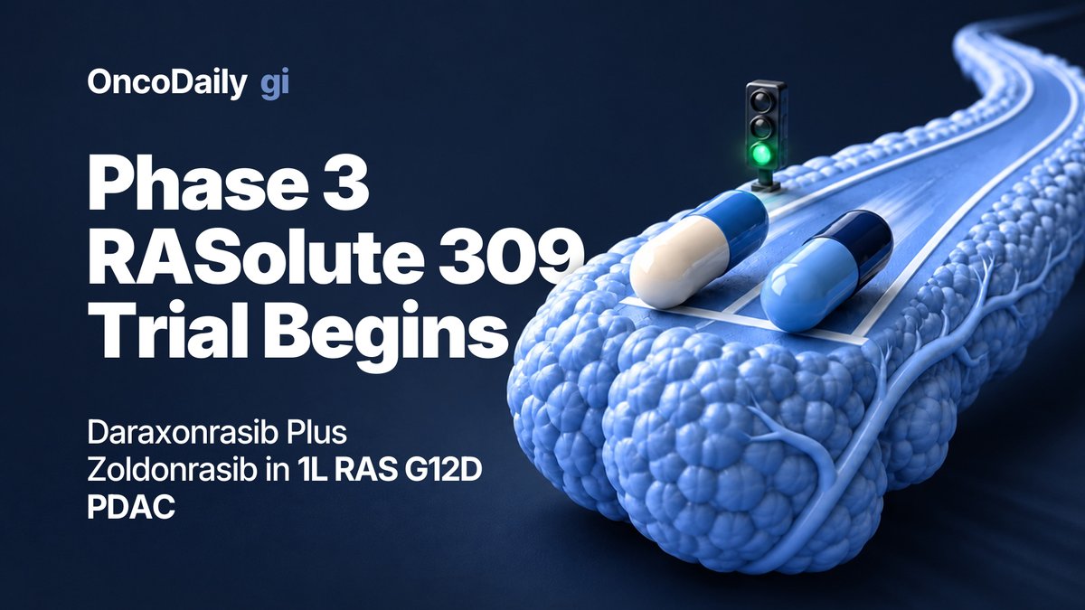 OncoDailyGI's tweet photo. RASolute 309 Begins in First-Line RAS G12D Metastatic PDAC

On October 5, 2026, Revolution Medicines announced that it had begun treating patients in RASolute 309 (NCT07805954), a global, randomized, open-label Phase 3 trial evaluating RASONQUE (daraxonrasib) plus zoldonrasib as first-line treatment for adults with metastatic RAS G12D pancreatic adenocarcinoma.

The study is comparing RASONQUE plus zoldonrasib with gemcitabine plus nab-paclitaxel. The dual primary endpoints are progression-free survival and overall survival, with key secondary endpoints including objective response rate, duration of response, safety and tolerability, pharmacokinetics, and patient-reported outcomes.

According to Alan Sandler, MD, Chief Development Officer of Revolution Medicines, RASolute 309 is the first Phase 3 study evaluating a RAS(ON) inhibitor doublet approach.

@RevMedicines @oncodaily 

https://t.co/svhO1gkTH7

#PDAC #RASG12D #GIOncology #OncoDaily