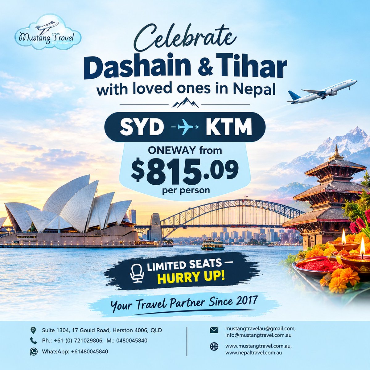 matuconov's tweet photo. SYD to KTM one-way from $815. 09 per person. Celebrate Dashain and Tihar with your loved ones in Nepal. Limited seats available—book now. Your trusted travel partner since 2017. https://t.co/AYORu9DY9I