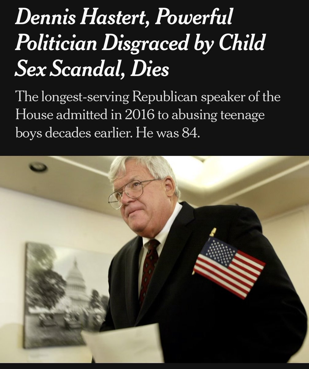 NotHoodlum's tweet photo. Dennis Hastert, the longest-serving Republican Speaker of the House and a serial child molester who sexually abused teenage boys, has checked into hell at 84.
https://t.co/FrzifnDqjX https://t.co/3Vvf33FF1r
