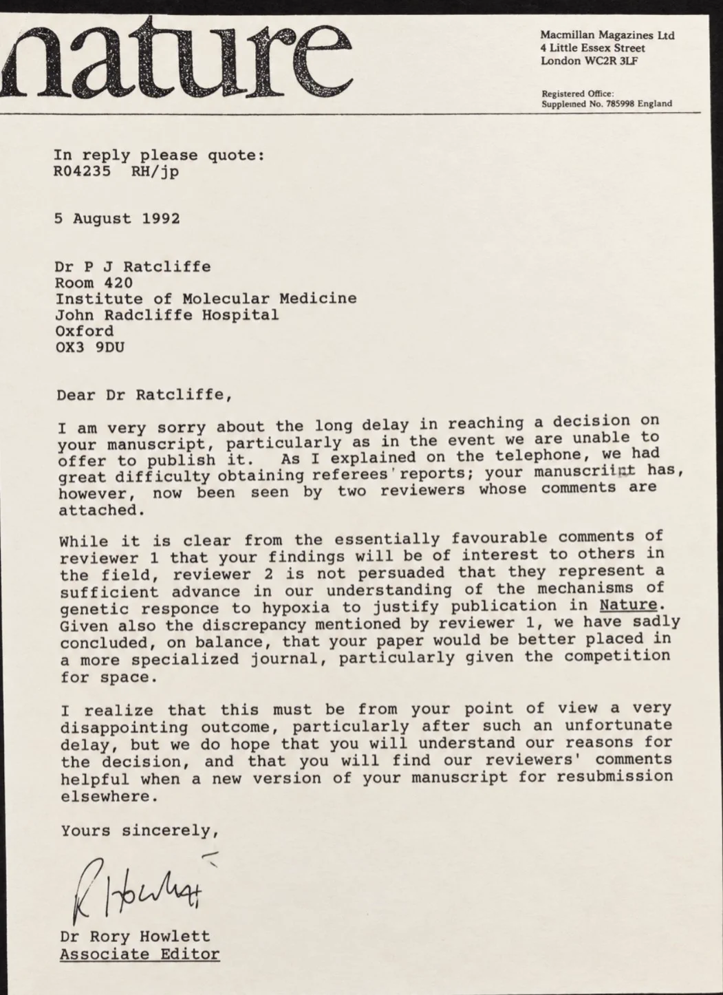 Peter Ratcliffe's 1992 Nature Rejection Led to Nobel Prize