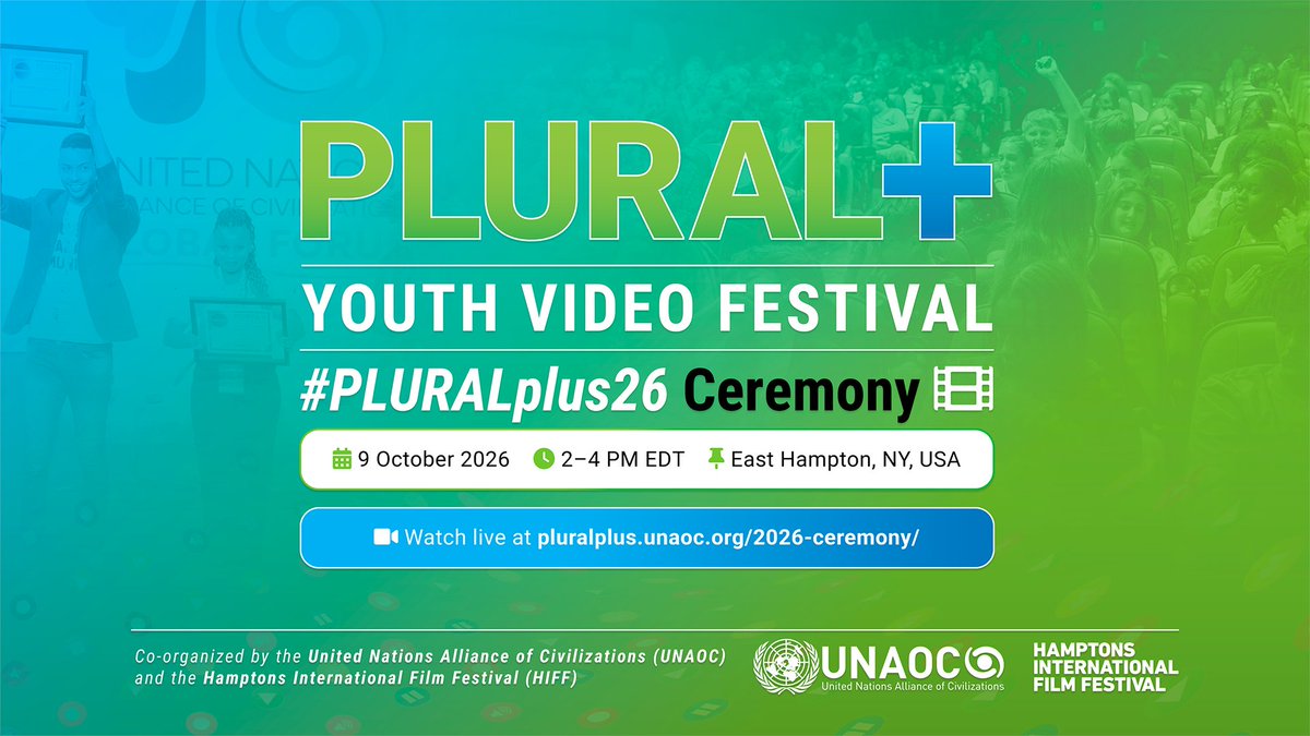 Pluralplus's tweet photo. 🤩 Join us on Friday, 9 Oct for the #PLURALplus26 Ceremony &amp; celebrate the power of youth storytelling! Organized by @UNAOC in partnership with @HamptonsFilm, it will showcase youth-made films promoting dialogue, diversity &amp; social inclusion! Watch live 👉 https://t.co/IgQJpgHwzy https://t.co/cUu2Pdu06M