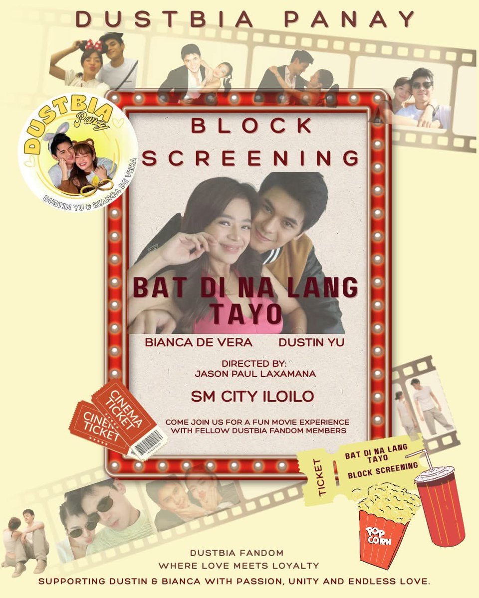 DustbiaPanayy's tweet photo. 📣 CALLING ALL DUSTBIA FANS IN ILOILO, ANTIQUE, CAPIZ, AKLAN, AND GUIMARAS! 💛🎬

The big screen is calling, and we’re ready to show up for Dustin and Bianca’s first solo movie together!🫶

DustBia Panay invites you to our block screening of “Bat Di Na Lang Tayo” in Iloilo City!🍿🎟️

Let’s fill the cinema with love, cheers, and support for Dustin Yu and Bianca de Vera. Gather your friends and fellow fans, and let’s make this a memorable movie day together! 🥹💛

📍 Iloilo City
🗓️ Date, time, cinema, ticket price, and registration details will be posted soon.

Stay tuned to DustBia Panay for the official details. We can’t wait to watch with you! 👀

Panay kag Guimaras, ready na bala kamo? Comment 
“G NA!” below! 🙌💛

#BatDiNaLangTayo #DustBia #DustBiaPanay #IloiloBlockScreening