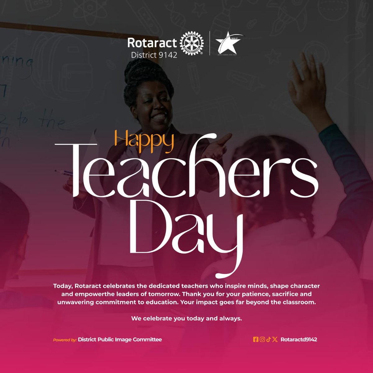 Rotaract_D9142's tweet photo. Teachers ๐: educators making a difference, one student at a time!
Thank you for shaping our minds and believing in us before we believed in ourselves.
Happy Teachers' Day! ๐๐
#WorldTeachersDay
#RotaractD9142
#ThankATeacher
#MakingADifference https://t.co/LRDHwHRwL3