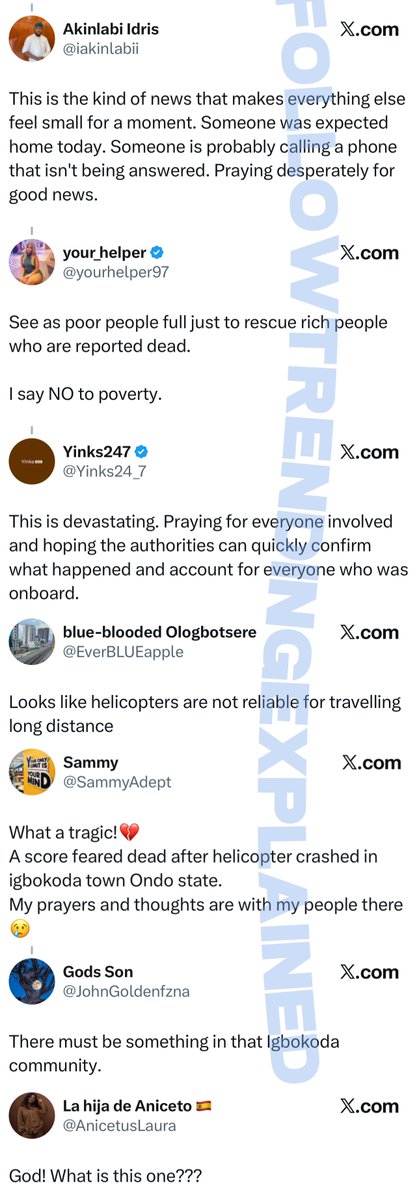 TrendingEx's tweet photo. Ondo State is trending because this morning a loaded helicopter crashed near a  naval military base, in the swampy areas of Igbokoda, Ilaje.

[Gory clips of bodŷ parts scattered across the swap in Telegram]

Reports suggest it was a military chopper, but the condition of possible survivors or the total number of passengers aboard or details of the flight have not been confirmed.

However, footage coming from Igbokoda suggests a fully burnt wreckage, implying multiple fatalities. Some of the corpse were in military gear, and military equipments were scattered around the crash site.

Based on some witness accounts, the chopper allegedly circled a few times before it plunged as the rain increased.

While the military is yet to address the situation, Igbokoda is a coastal, oil-producing community where helicopters are commonly used for offshore and oil-related operations so some are linking the crash to it.

Rescue operations are underway, with military officers from the nearby base leading the mission, as the terrain is difficult.

Helicopters are generally safe for travel. However, since 2015, there have been five major military helicopter crashes in Nigeria: Kaduna in 2015, Borno in 2017, Niger in 2023, Port Harcourt in 2023, and now, unconfirmed, Ondo in 2026. 

The Kaduna and Niger crashes were fatal, with zero survivors. This story will be updated. Follow @TrendingEx 

Telegram Link: https://t.co/8h6pyOKpHX