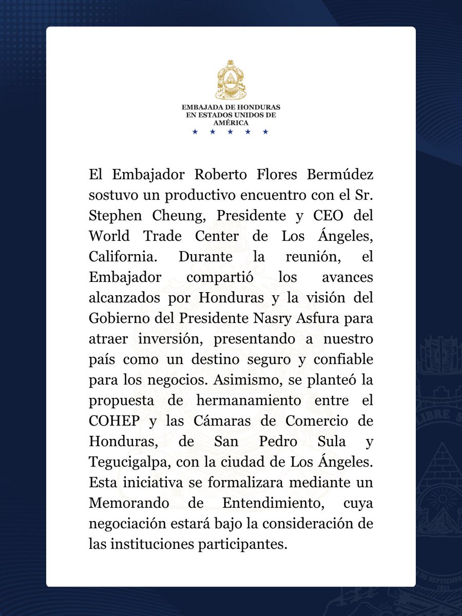 HondurasEmbUSA's tweet photo. Encuentro con el World Trade Center de Los Ángeles para abordar oportunidades de inversión en Honduras 🇭🇳🤝🇺🇸 https://t.co/F6BNYOOASa