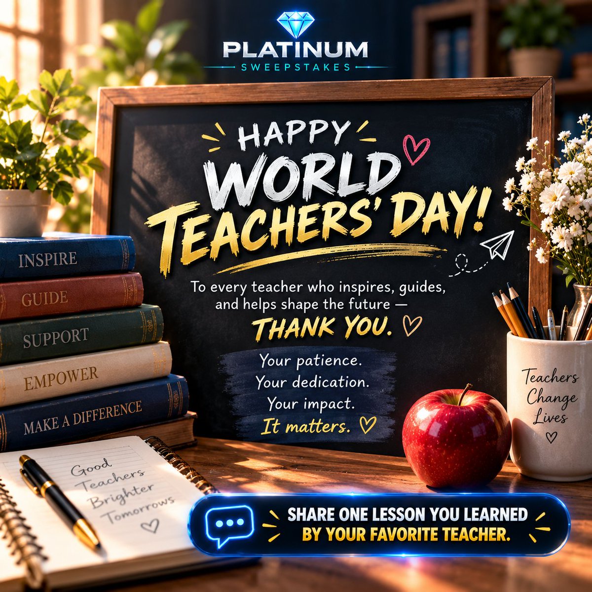 PlatinumSweeps's tweet photo. Today, we celebrate the teachers who do so much more than teach lessons. They inspire, guide, encourage, and help shape the people we become.💙
👇 What’s ONE lesson you learned from your favorite teacher that you still remember today?
Share it in the comments — 🥰📚#Teachers https://t.co/0IelU1hrma
