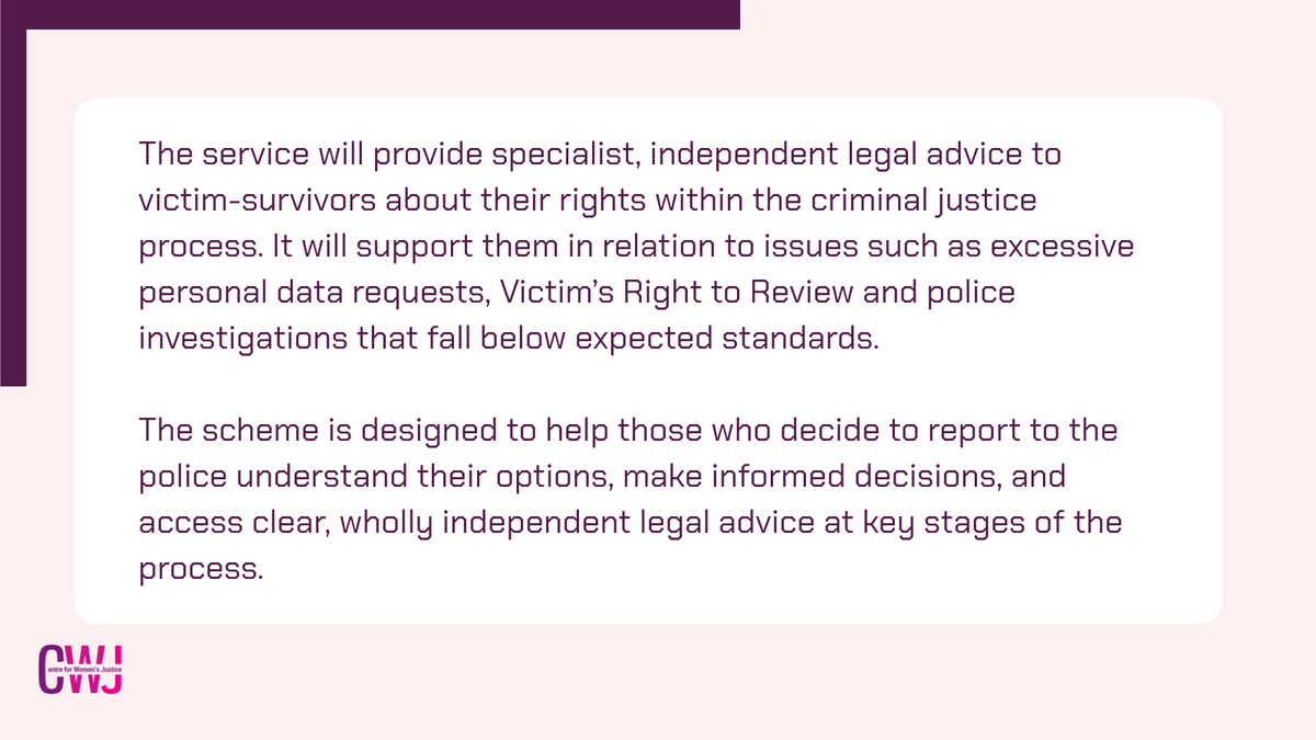 centreWJ's tweet photo. We're excited to announce that we will lead the delivery of a new national free Independent Legal Advice service for adult victim-survivors of rape and sexual assault.  We will be supported by partners Rape Crisis England and Wales and Victim Support. 

🔗https://t.co/E3H47dxp9W https://t.co/PdcYDn6kVI