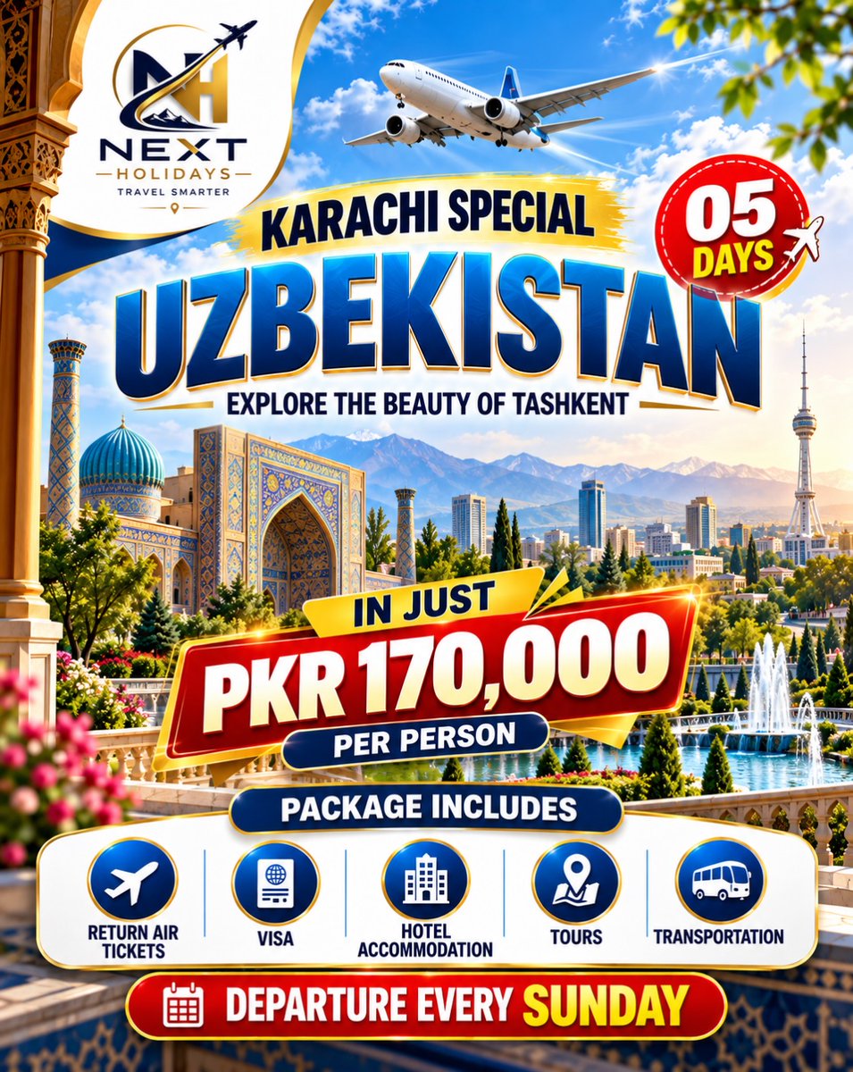 Marce856Her's tweet photo. Uzbekistan is calling! Karachi special: 5-day Uzbekistan tour for PKR 170, 000 per person. Includes return flights, visa, hotel, tours and transport. Departures every Sunday. Limited seats—DM to book. https://t.co/yDGIXZVaGs