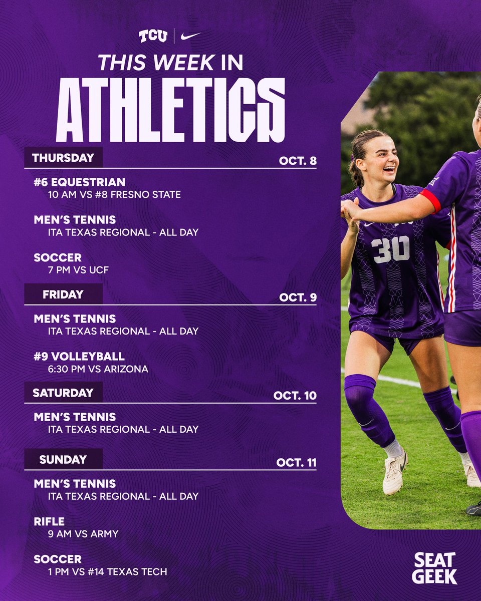 TCU_Athletics's tweet photo. another busy week at home for the Frogs 

#GoFrogs https://t.co/JzG3Gd4aHG