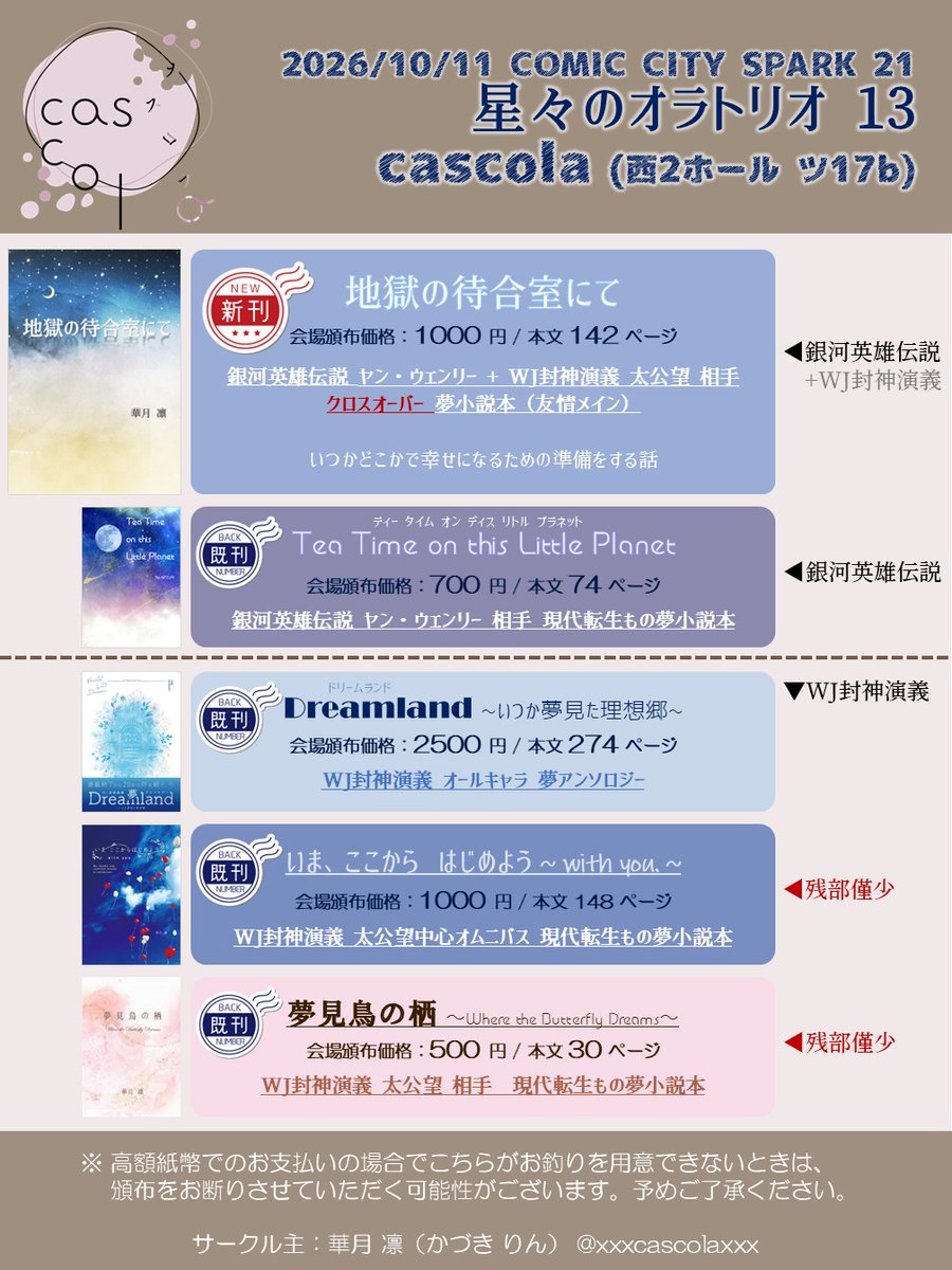 xxxcascolaxxx's tweet photo. 新刊、なんとか無事に脱稿しました！ 何もトラブル等なければ当日頒布できるはずです！！ 本当によかった……！
ということで、お品書きです～～～！！✨ ほーしんの既刊も極少数ですが持参させていただきます。
当日いらっしゃる皆様（サークル・一般問わず）、どうぞよろしくお願いいたします！！！ https://t.co/tgGIV19tCg