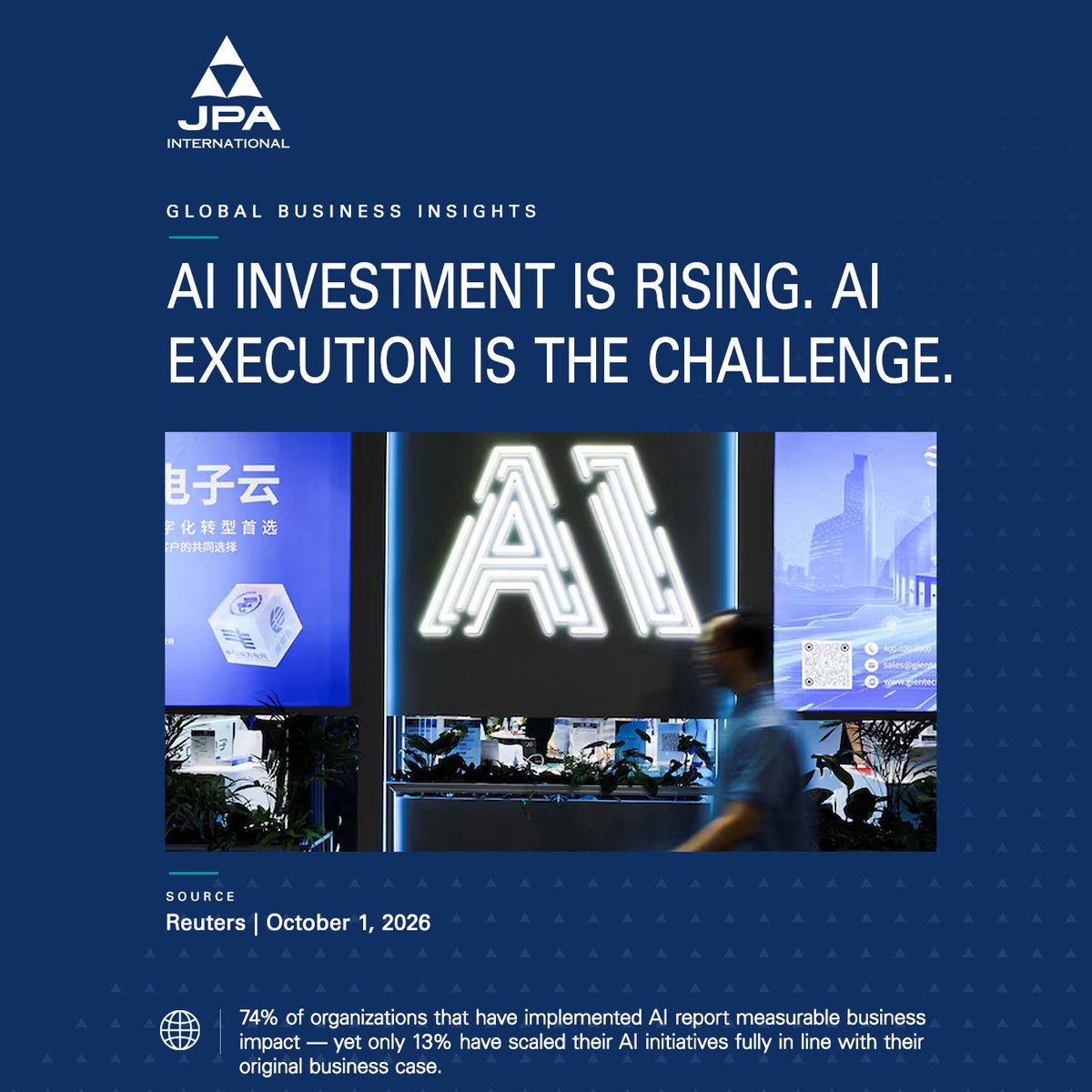 JPAglobal's tweet photo. #AI adoption is surging, but operational scaling is lagging 🌍📊

Key hurdles for global firms: 
• Regulatory compliance 
• Legacy system integration 
• Data governance

Read the Reuters insight:
📰 https://t.co/piH72SBCRv

#JPAInternational #BusinessStrategy
#Business https://t.co/9Ks0gJr3Df