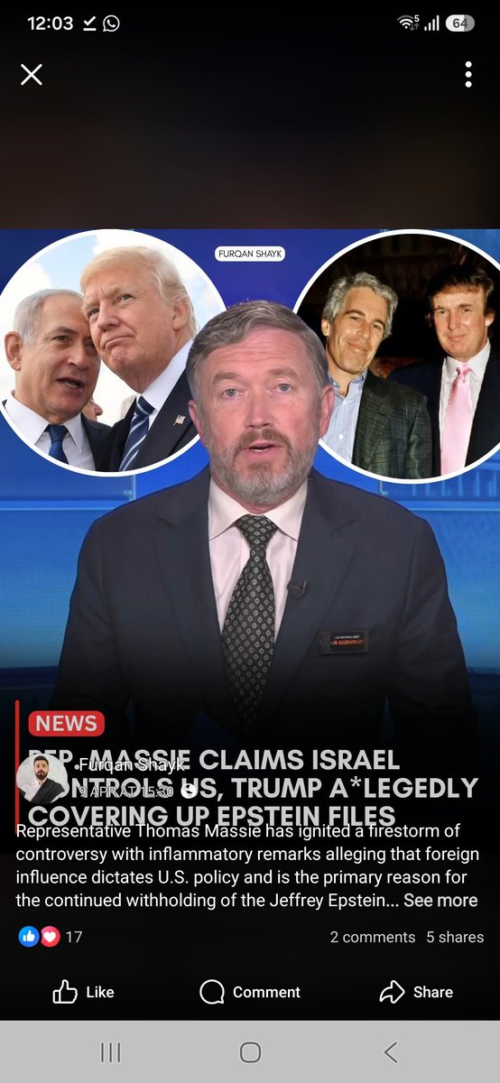 BulbulAIslam's tweet photo. Representative Thomas Massie stated that the U.S. Department of Justice is resisting the full, unredacted release of Jeffrey Epstein's files partly because Epstein maintained close ties to both U.S. and Israeli intelligence agencies. https://t.co/028O0uEkSG