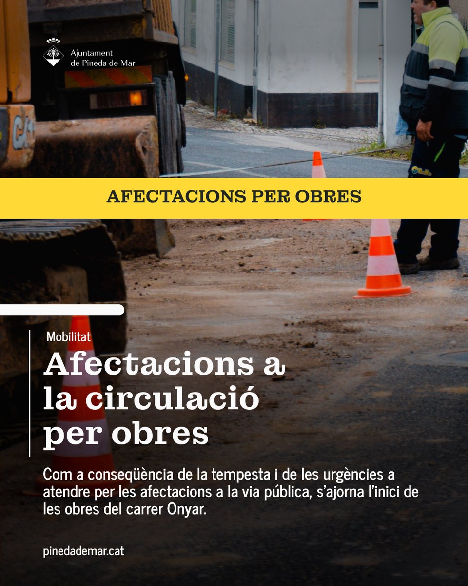 pinedademar's tweet photo. 📢 Ajornament de l’inici de les obres del carrer Onyar.
A causa de la tempesta i de les actuacions urgents que cal dur a terme per atendre les afectacions a la via pública, s’ajorna l’inici de les obres del carrer Onyar. https://t.co/BaUMuRRjfA