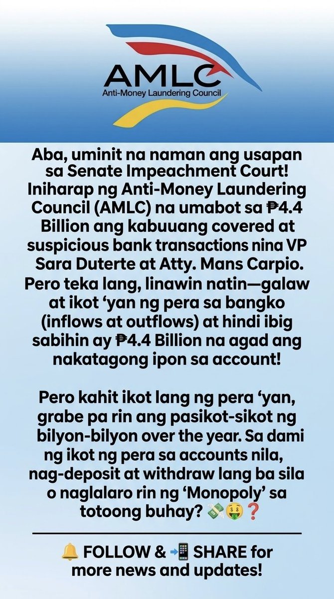 a_levi84's tweet photo. ₱4.4B galaw ng pera nina VP Sara at Mans Carpio, iniharap ng AMLC! 💸

#VPSara #MansCarpio #PHNews #Impeachment https://t.co/MPJN6TMcPh