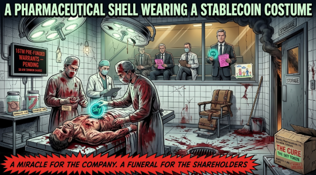 FugaziResearch's tweet photo. $SDEV's headline is "stablecoin company." It's a fake biotech (NovaBay) whose assets are nearly all one token, SKY.

It "raised" $134M in January, but only $25M was cash. A CEO-linked fund supplied 74% of the tokens, and the CEO signed the deal for both sides, a blatant conflict of interest.

Two funds now hold the majority of the stock, and a pending S-3 would let its investors resell 212.9M shares, 4x what's outstanding.

Its position is $180M... selling it would take nearly 10 days of every buyer and seller combined, and its own filing warns reported volume may be inflated by wash trading.

Fugazi Research considers $SDEV uninvestable at any price above ZERO.

Click for our full report ⬇️

https://t.co/fw2ycLekYU