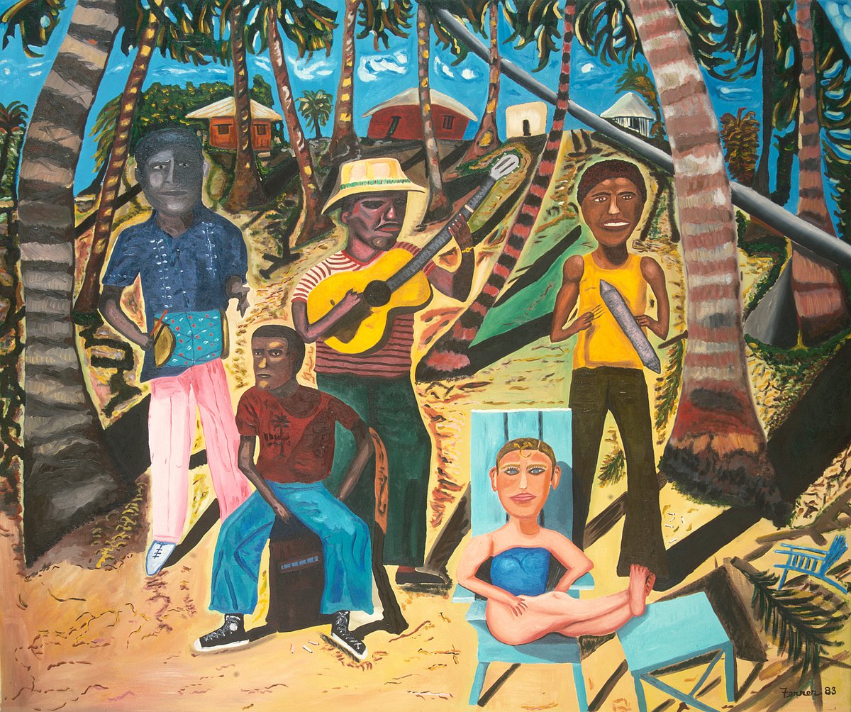 metmuseum's tweet photo. 🌴 At first glance, it's a sunny beachside scene, likely set in the Dominican Republic, where the artist has a home. Look closer and you'll find layers of race, class, and maybe a little tension.

Five figures face us head-on, as if waiting to be photographed. A trio of musicians plays a small drum, a guitar, and a güira while wind-bent palms seem to sway to the merengue. Off to the side, a man who resembles the artist stares away, unmoved by the serenade.

Rafael Ferrer, born in Santurce, Puerto Rico, rose to prominence in the mid-1960s as a conceptual artist making ephemeral, politically poetic work. By the 1980s he turned to painting, using a style rooted in Caribbean folk art.

Bright, rhythmic color and playful distortions of scale and proportion tell a story about the people and places of the Caribbean, and the complicated relationships between the U.S., Puerto Rico, and neighboring islands.
___
🎨 Rafael Ferrer (American, born San Juan, Puerto Rico), "Merengue en Boca Chica," 1983. Oil on canvas. © Rafael Ferrer.