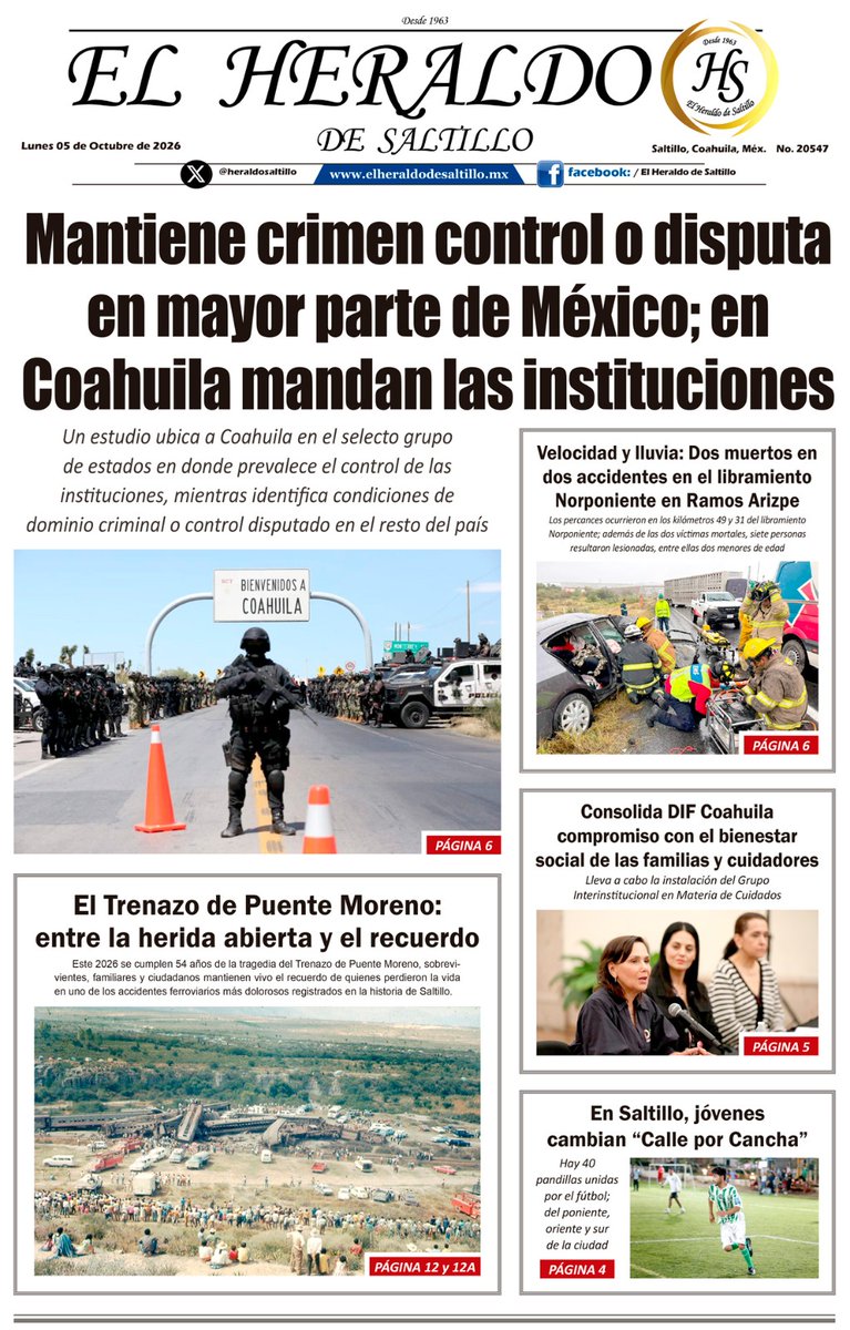 heraldsaltillo's tweet photo. ¡Buenos días! 🌞🗞️ Empieza tu semana informado, estas son las noticias de la portada de El Heraldo de Saltillo 

👮🏻‍♂️ Mantiene crimen control o disputa en mayor parte de México; en Coahuila mandan las instituciones
https://t.co/BSlvR0btCB https://t.co/MRnSuMOmth