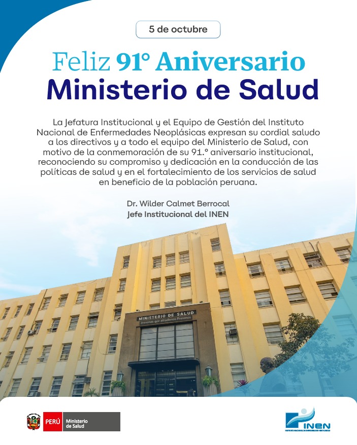 INEN_Peru's tweet photo. 🎉🇵🇪 ¡Feliz 91.° aniversario, @Minsa_Peru!
Desde el Instituto Nacional de Enfermedades Neoplásicas, hacemos llegar nuestro saludo y reconocimiento al Ministerio de Salud.
#INEN #MINSA #Aniversario #SaludPública #Perú https://t.co/NP85DaYWri
