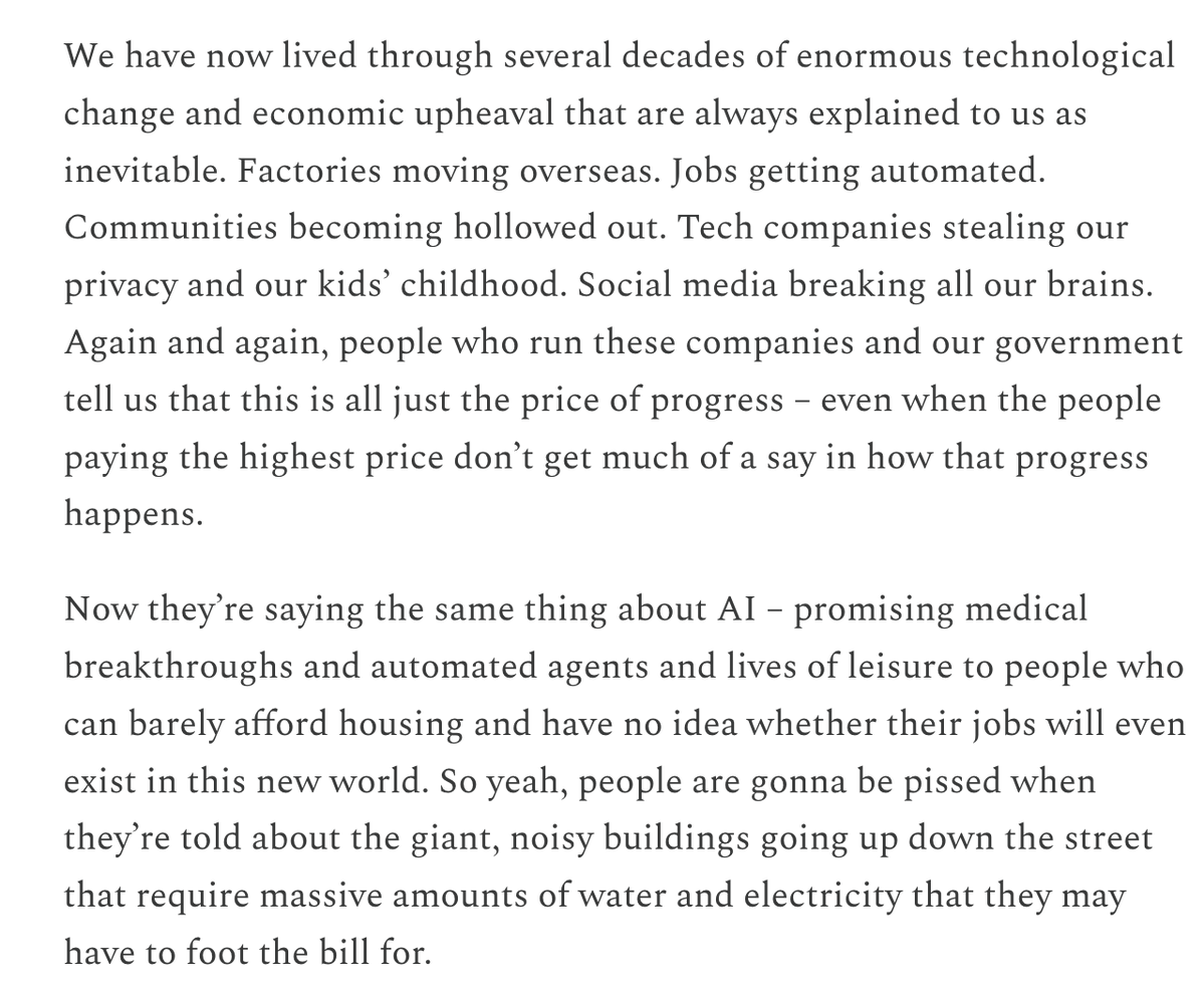 jonfavs's tweet photo. The data center backlash is about much more than data centers and even AI itself. 

Most people are just sick of being told that the future is something that happens to them.