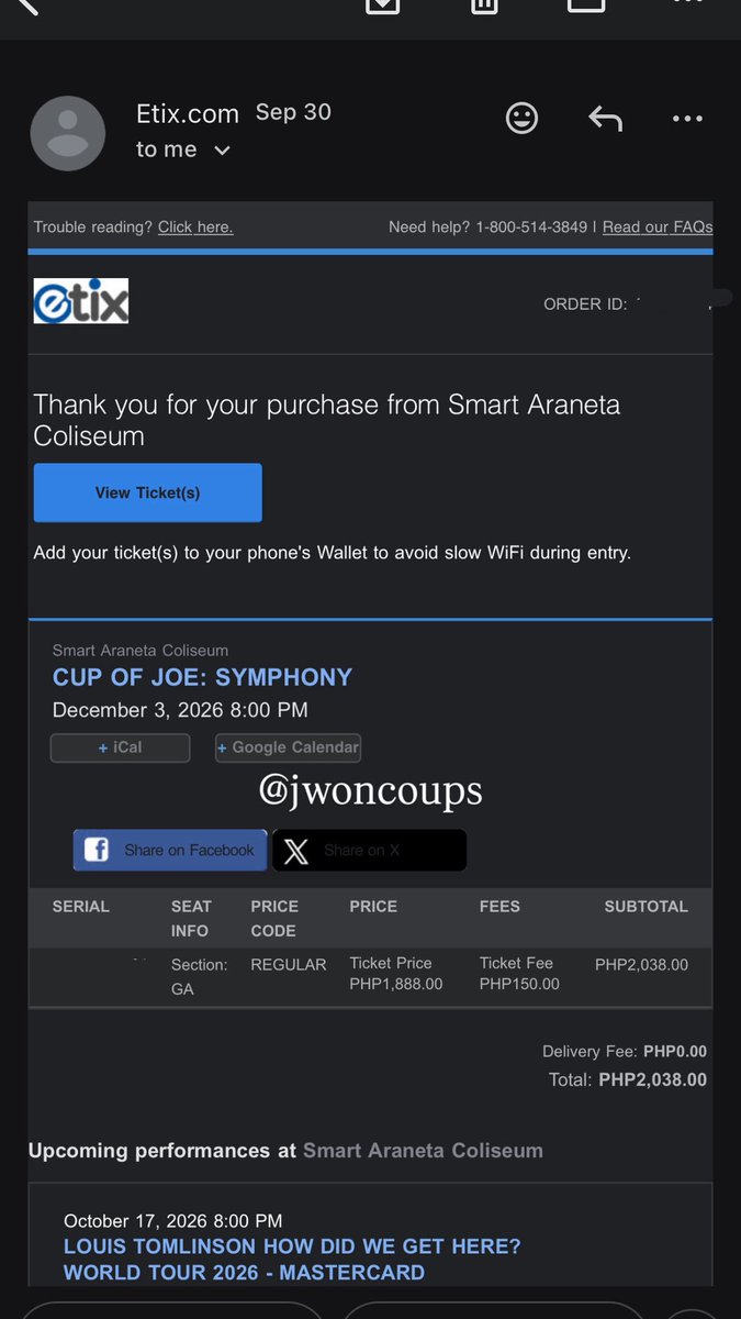jwoncoups's tweet photo. wts lfb ph

cup of joe symphony concert 
— 1 general admission ticket (day 1, december 3)
— ₱2,038 
— can do meetup for tix transfer only within ayala ave, glorietta, landmark

MOP: gcash / maribank / gotyme / bank transfer

🔖 coj gen ad ga tix https://t.co/O3lSx9nVML