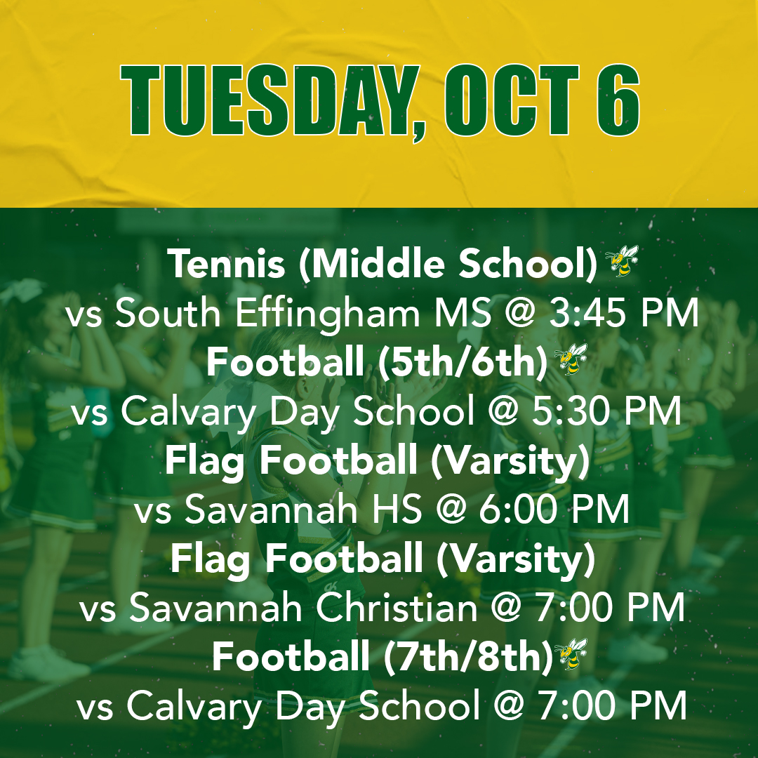 SCDS_Athletics's tweet photo. light week ahead before fall break!
#scdsathletics #hornetpride #swarm #savannahcountrydayschool https://t.co/bIcaVhvVNw