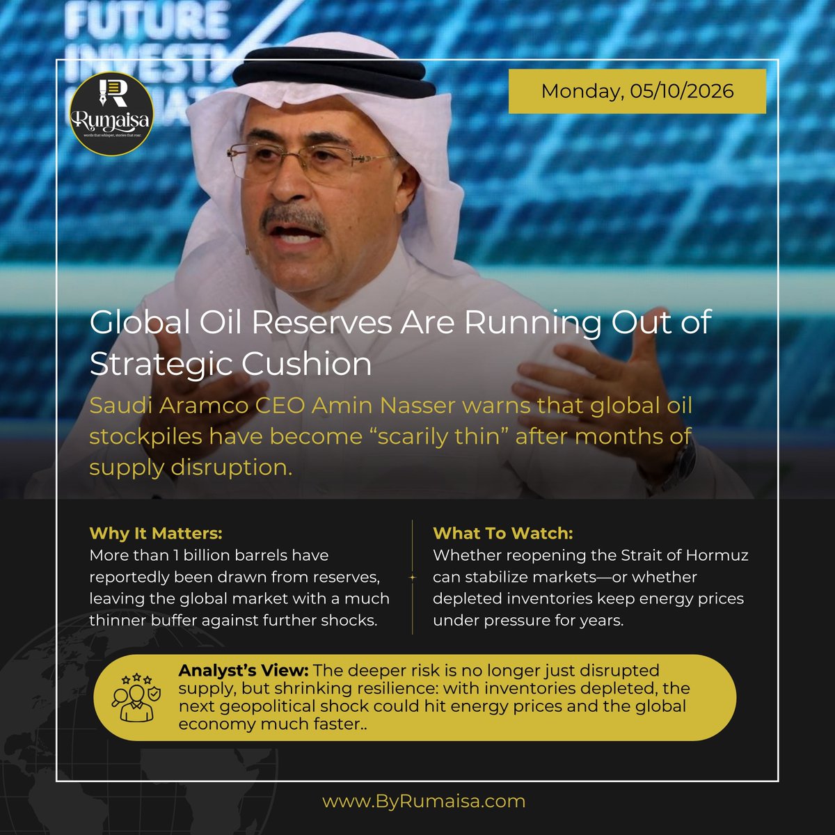 1Rumaisaa's tweet photo. Global oil markets are facing a deeper vulnerability: the world’s supply buffer is rapidly shrinking.

Saudi Aramco CEO Amin Nasser warns that rebuilding depleted inventories could take up to two years, even after supply disruptions ease. https://t.co/8EtjVScy9g