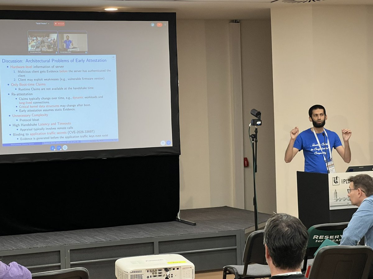 FBorsik's tweet photo. “Early Attestation is Very Harmful. Why is it Required?”
https://t.co/Kt98rdLQ2j
@M_UsamaSardar (@tudresden_de)
at @linuxplumbers 2026
#LinuxPlumbers #OpenSource #Linux #FLOSS #FOSS #LinuxKernel #Kernel #LinuxPlumbers2026 #CVE #TransportLayerSecurity #TLS #CVEs https://t.co/FpUr3yjFG2