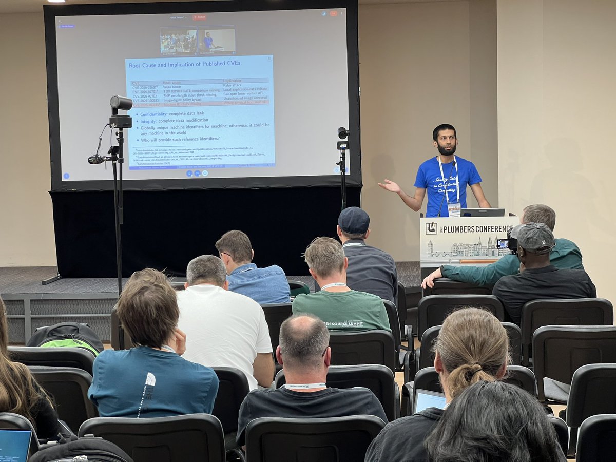 FBorsik's tweet photo. “Early Attestation is Very Harmful. Why is it Required?”
https://t.co/Kt98rdLQ2j
@M_UsamaSardar (@tudresden_de)
at @linuxplumbers 2026
#LinuxPlumbers #OpenSource #Linux #FLOSS #FOSS #LinuxKernel #Kernel #LinuxPlumbers2026 #CVE #TransportLayerSecurity #TLS #CVEs https://t.co/FpUr3yjFG2