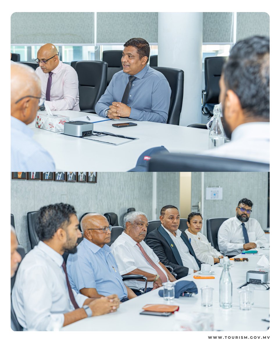 MoTmv's tweet photo. Today, the Minister of Tourism and Civil Aviation Honorable Mohamed Ameen, together with ministers from relevant ministries, met senior tourism industry leaders as part of the ongoing industry dialogue. Discussions focused on increasing tourist arrivals, achieving the 2027 target and addressing current challenges. Key goals were agreed upon based on industry recommendations, reaffirming the Government’s commitment to working closely with the sector.